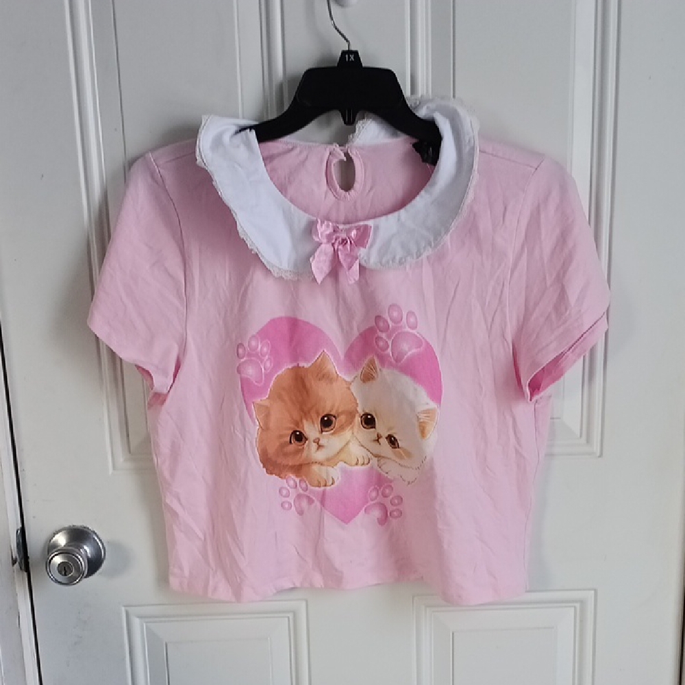 Adorable Pink Cat Print Women's Top